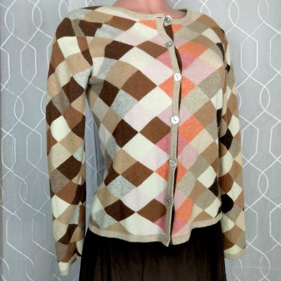 Cousin Johnny sweater Tan multi color check Cashmere blend size S - Picture 1 of 9